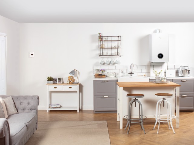 Worcester Bosch Greenstar 4000 boiler in an open-plan kitchen with white walls
