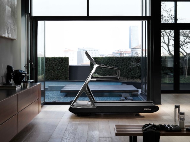 designer treadmill for home workouts in modern home with terrace