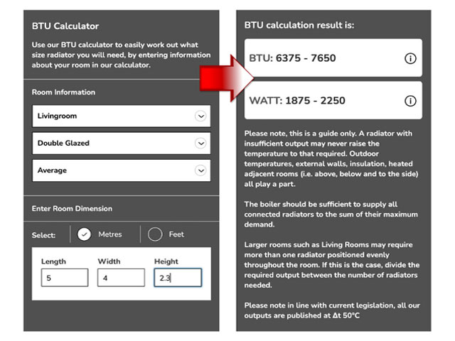 BTU calculator from The Radiator Company