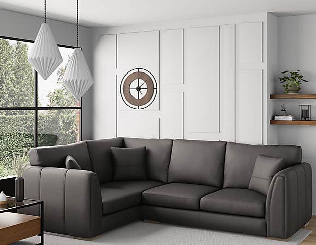 faux leather corner sofa in grey from dunelm in a family home