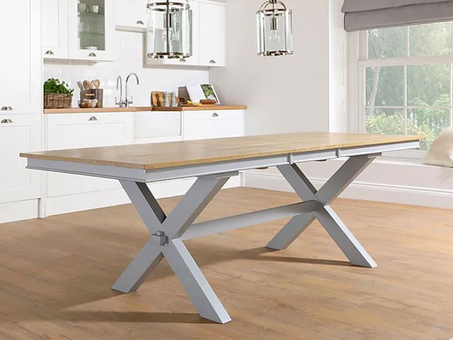 Grange grey painted dining table in an open-plan kitchen, from Furniture and Choice