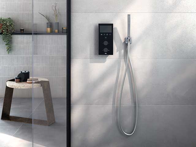 Smart shower in porcelain bathroom