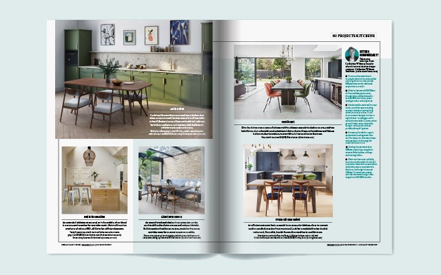Pages of Grand Designs January 2022 issue showing renovated kitchens