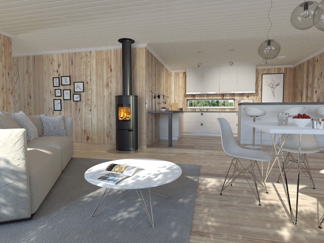 modern log burner with chimney in a large open-plan log cabin