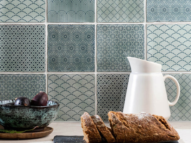 eco friendly tiles for the kitchen or bathroom: patchwork mint green coloured tiles 