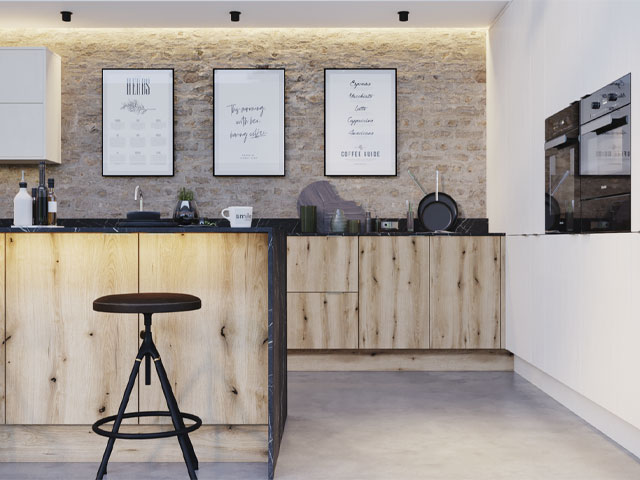 mixed material kitchen with wooden cabinets and black marble worktop