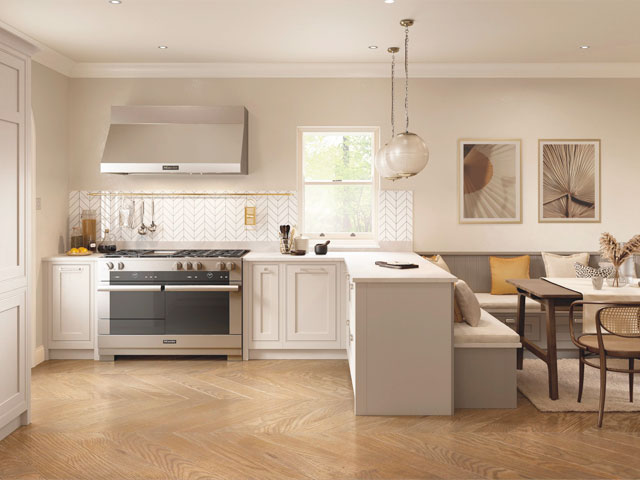 ope plan kitchen and dining area with kitchen peninsula in a neutral palette