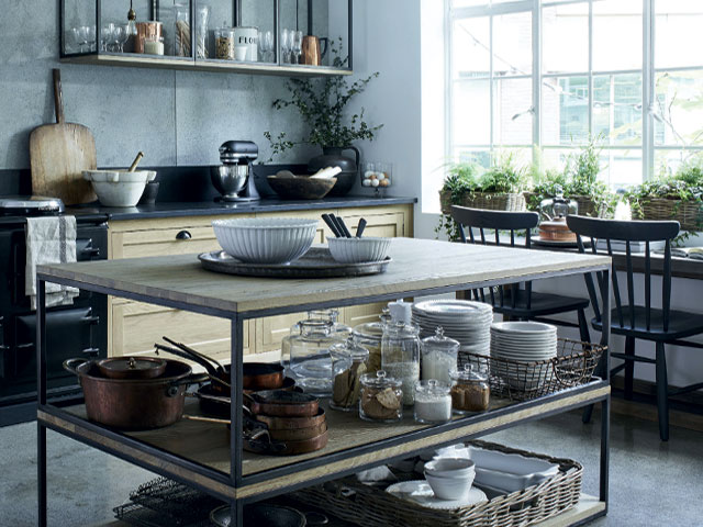 open shelving and metal kitchen island by Neptune