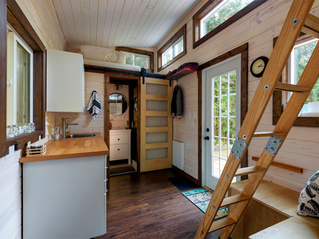 inside an off-grid cabin house in the woods