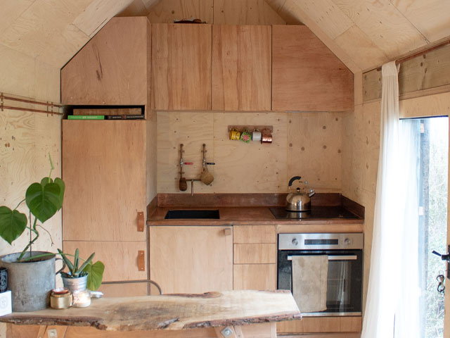 A U-Build tiny home built of plywood