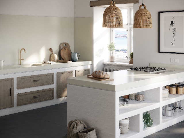quartz surfaces from Cosentino in a modern kitchen with neutral decor scheme and kitchen island 
