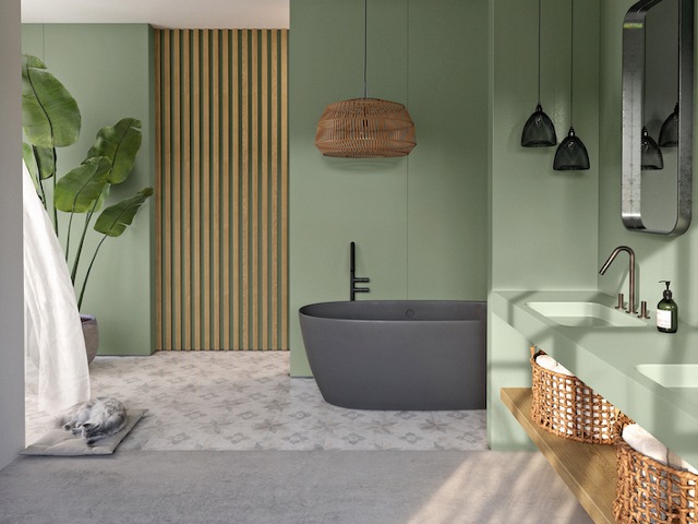 green bathroom with sustainable quartz surfaces