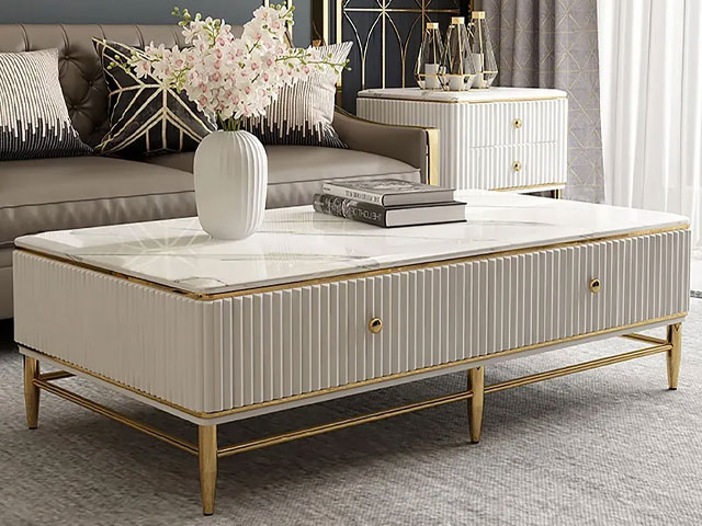 faux marble living room storage with gold trim and drawers from Homary