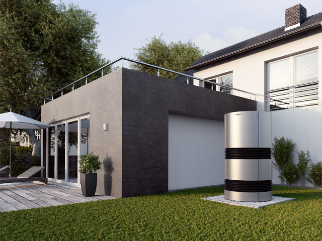 Viessmann’s Vitocal 300-A air source heating system is intended for installation in the garden, and has exceptional efficiency. With a nominal heat output of 7-8.5kW, it can be combined with a solar PV system to further reduce costs