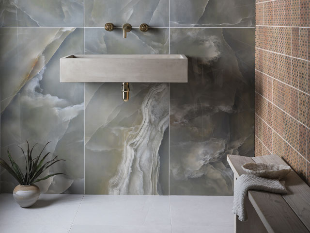 large marble-effect tiles in a wet room