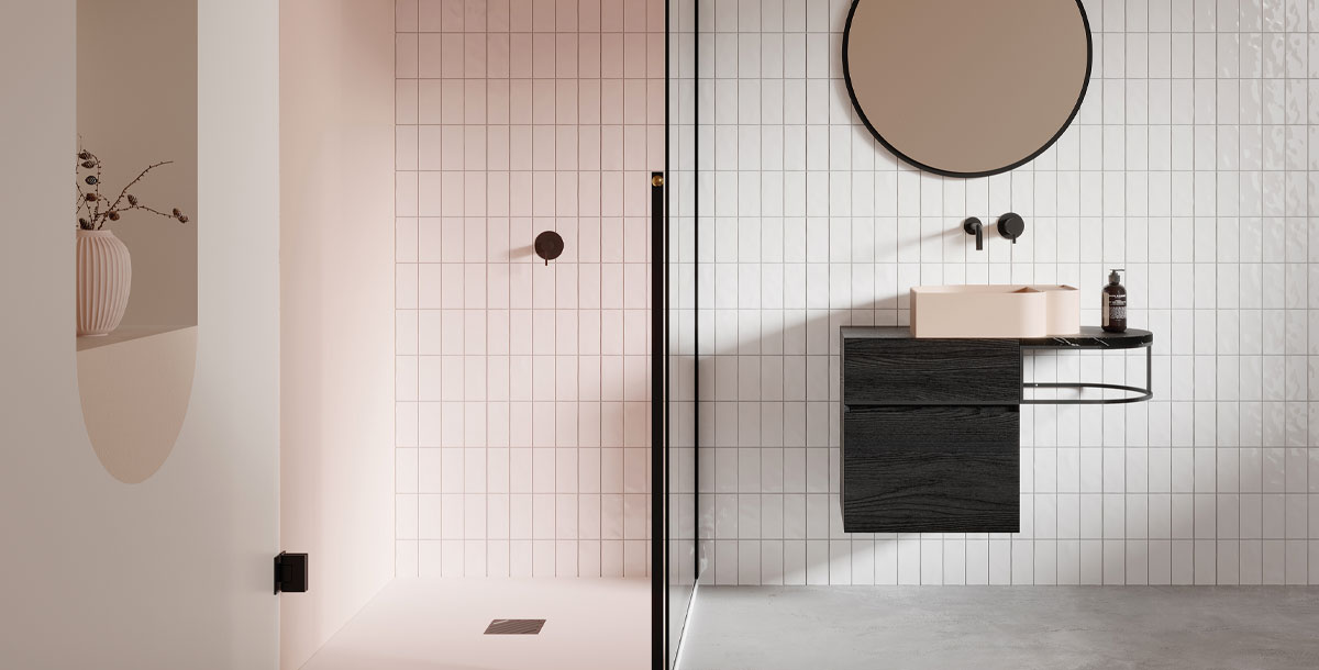 bathroom trends: pink tiles and pink glass shower panel