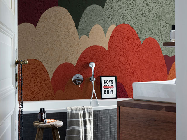 bathroom wallpaper in colourful cloud design