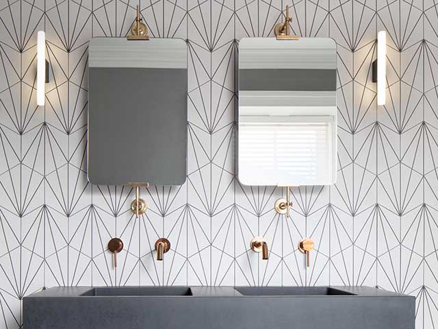 Luxury bathroom with feature wallpaper in Glasgow Victorian extension