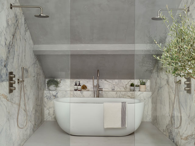 loft conversion bathroom with matt finish stone-effect tiles