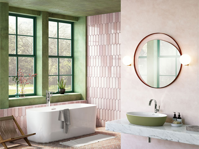 bathroom trends 2022: sage green painted walls with dusky pink tiles