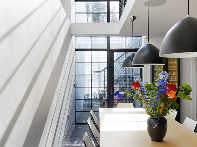 steel window frames in a mezzanine kitchen diner