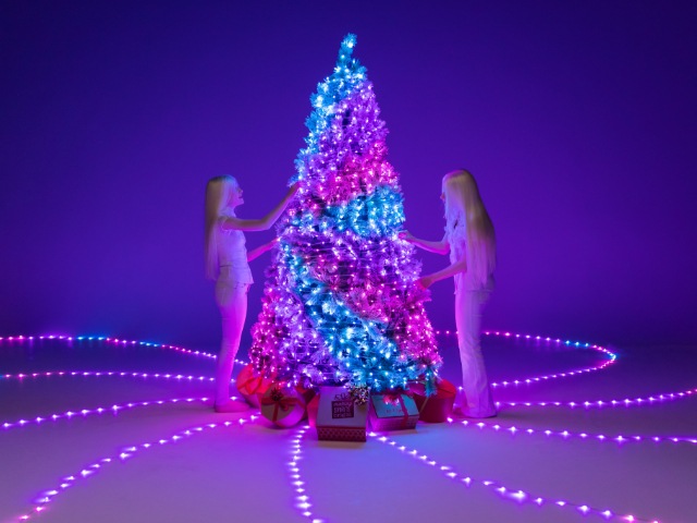 programmable smart Christmas tree lights in blue, pink and purple