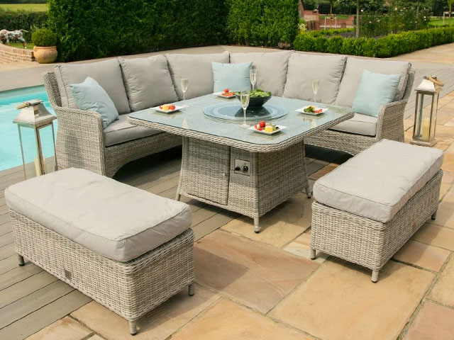 corner dining set with square table, corer sofa and two benches in pale grey