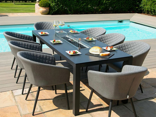 Dark grey modern garden dining set with integrated firepit and BBQ grill 