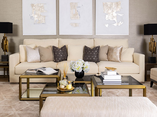 hotel-style interior design for the living room - neutrals, texture and gold and black highlights