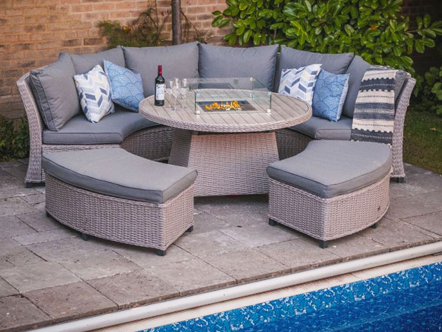 curved outdoor dining set with gas firepit table and modular seating