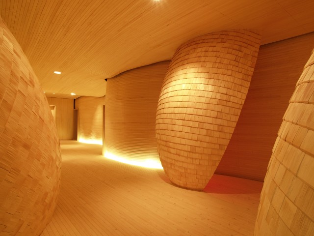 curved timber walls in the Baufritz show home