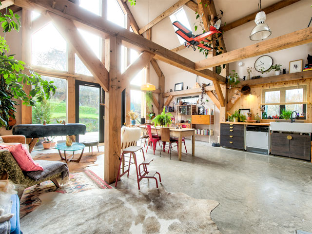 huge open-plan space and double height ceiling in the Grand Designs American ranch in Glasgow