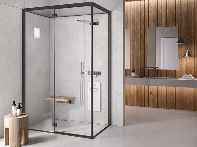 bathroom technology power shower in large marble space