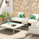 trending garden furniture: modern rattan swing sofa in beige with blue, white and grey cushions