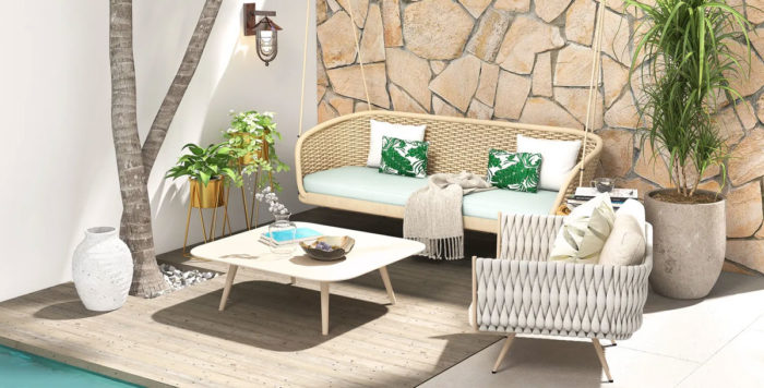 trending garden furniture: modern rattan swing sofa in beige with blue, white and grey cushions