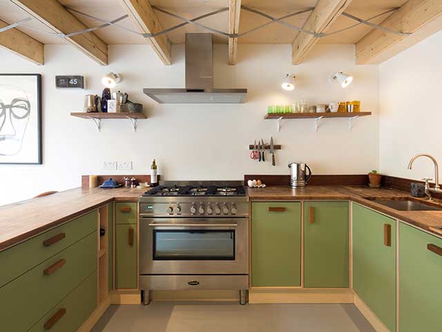 eco friendly extension of a kitchen with beams and green cupboards