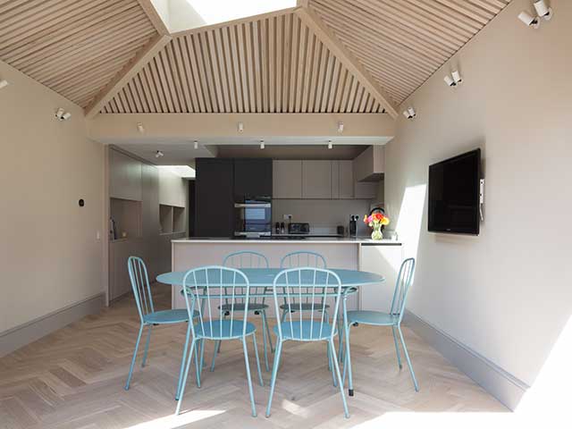 Ceiling and dining area of eco kitchen extension