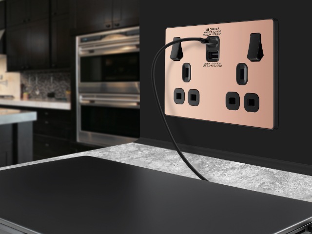 screwless switch and socket with fast usb charging in rose gold