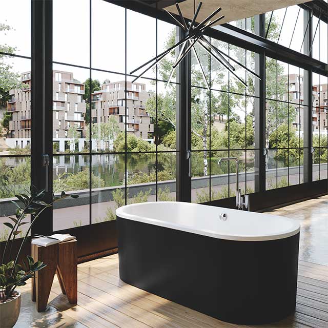 industrial-style bathroom with monochrome bath, wide pane glass windows and wooden flooring