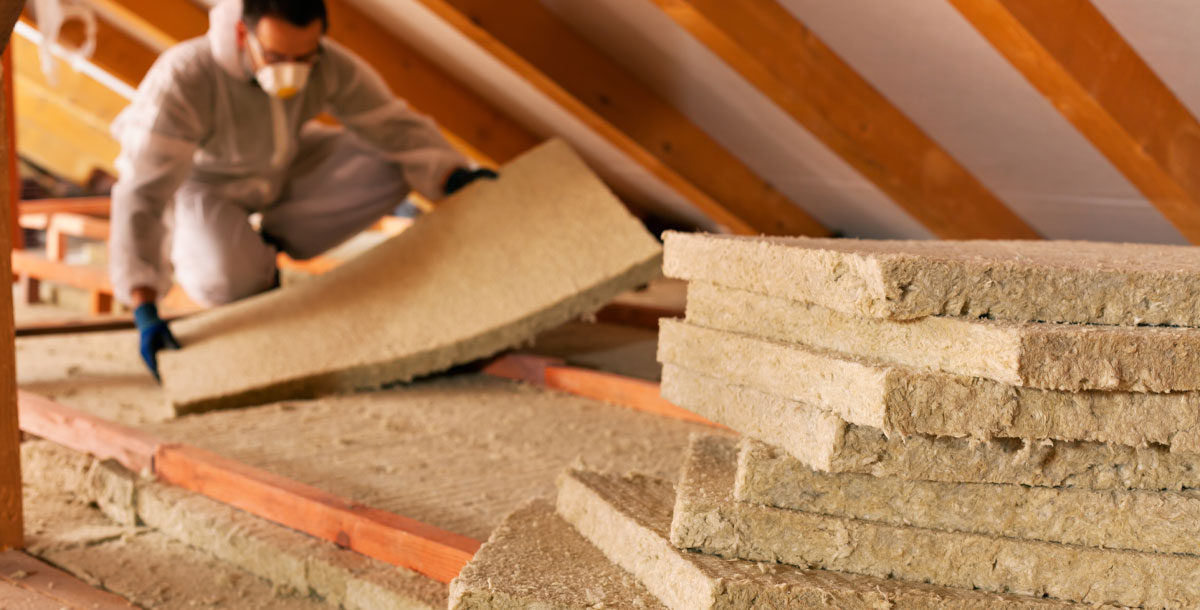 man fitting loft insulation in PPI with face mask