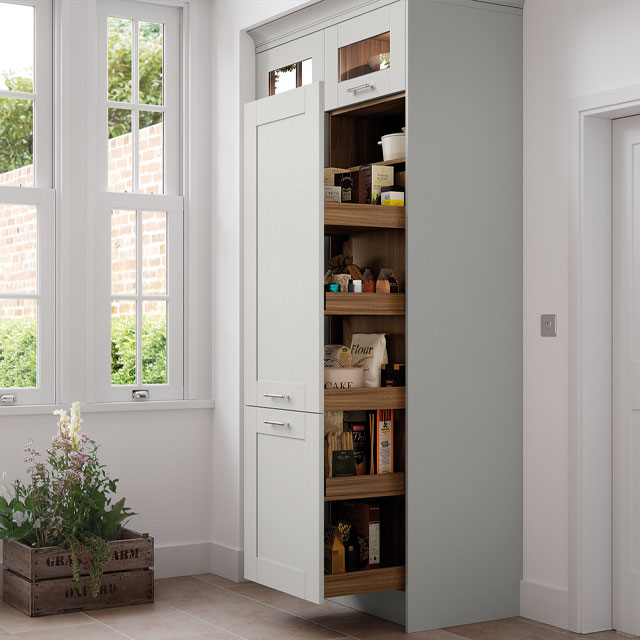 pull-out pantry cupboard painted grey by masterclass kitchens