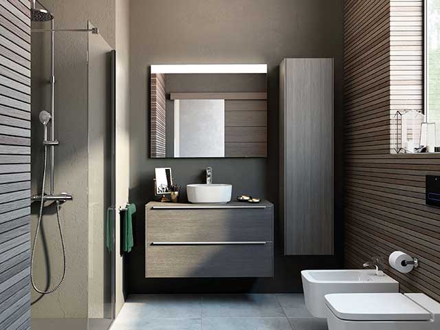 Eco bathroom basin in wooden bathroom with white porcelain sink