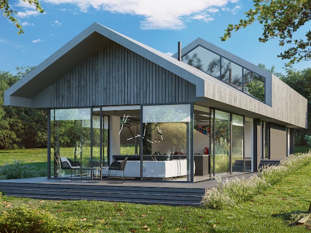 a large modern home designed for the countryside with timber cladding and large windows