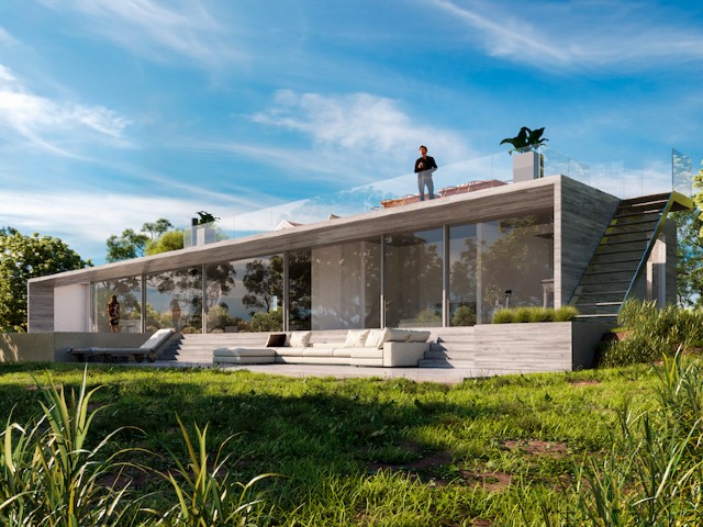a design for a large, modern, energy-efficient rural home with large glass windows and roof terrace
