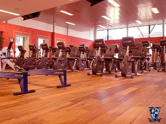 large gym with sitting bikes and rowing machines and durable engineered wood floor