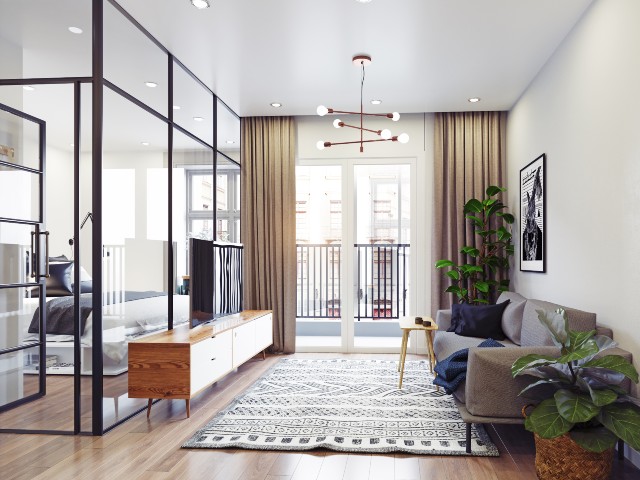 Steel framed glazing used internally as glass partitions in compact new york-style apartment