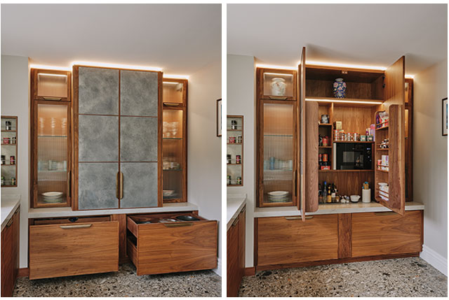 bespoke kitchen cabinets with integrated lighting, breakfast station and display cabinets