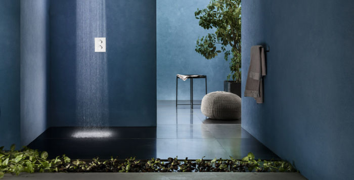 shower room ideas: large walk-in shower room with blue walls and biophilic design