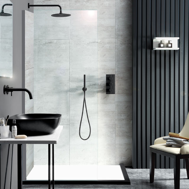 VOS concealed shower combination in matt black with 250mm overhead rose, hand shower and 2-outlet thermostatic valve