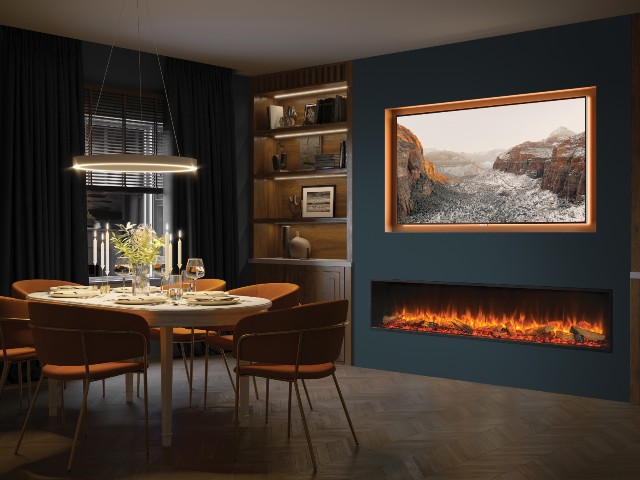 high efficiency electric fire inset into a media wall with smart tv that looks like artwork